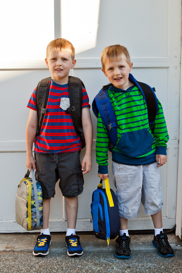 Will and Andrew sporting their new backpacks and lunchboxes