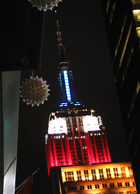 The Empire State Building, lit up with red white and blue for President's Day