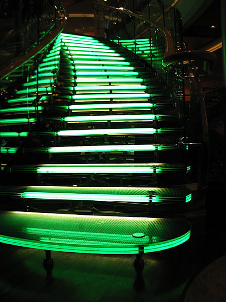 Lit stairs in the center of the ship