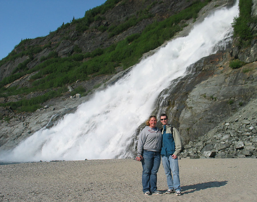 Bekki and Adam in front of the waterfall