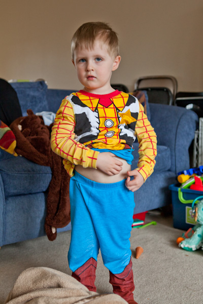 Andrew in his Sheriff Woody pajamas