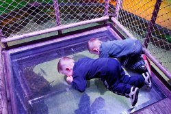 Andrew and Will lay on the glass floor looking at rays