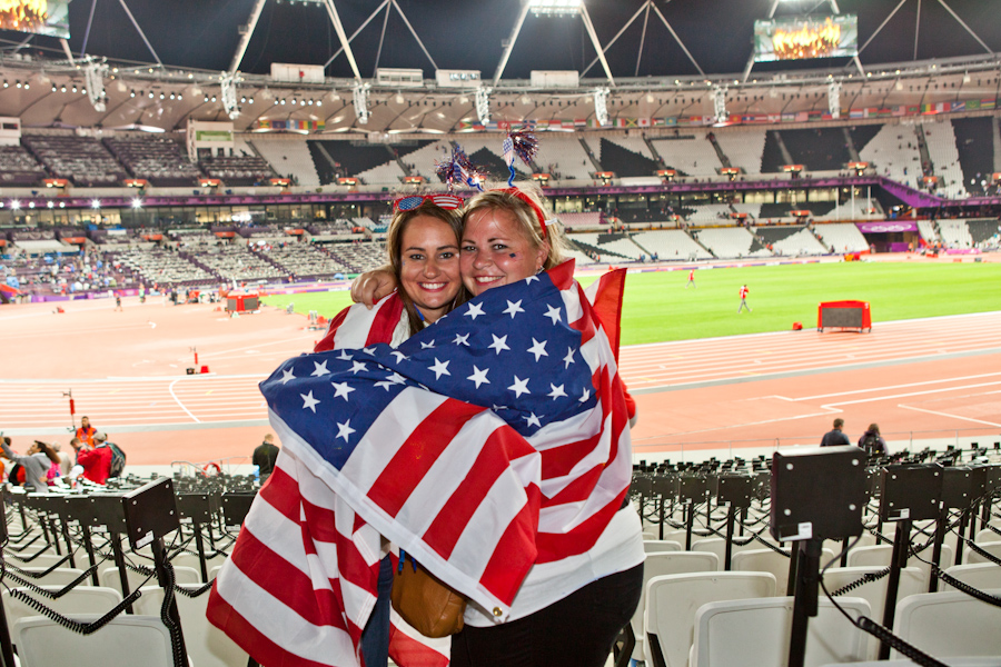 Patriotic Tori and Jessie in the Olympic Stadium