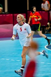 Norway's Ida Alstad celebrates after a goal in a quarterfinal Women's Handball match