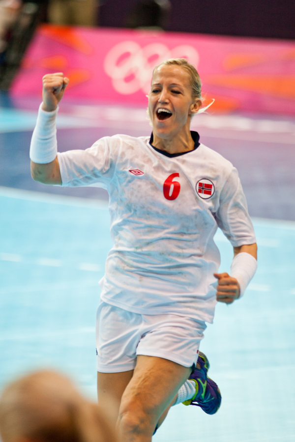 Norway's Heidi Loke celebrates after a goal in a quarterfinal Women's Handball match