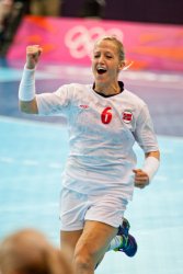 Norway's Heidi Loke celebrates after a goal in a quarterfinal Women's Handball match