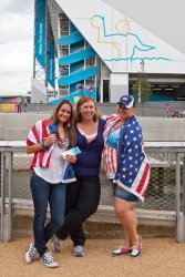 Tori, Bekki and Jessie outside the Water Polo Arena in Olympic Park