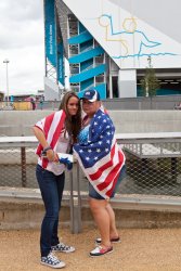 Tori and Jessie outside the Water Polo Arena in Olympic Park