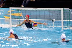 USA goalie Betsey Armstrong attempts to block a 5 meter shot