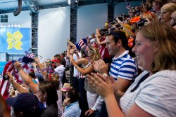 The crowd cheers for the USA winning gold in Women's Water Polo