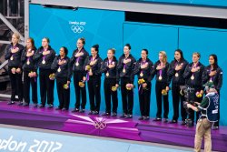 USA Women's Water Polo team celebrates gold in the medal ceremony (2)