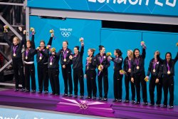USA Women's Water Polo team celebrates gold in the medal ceremony (3)