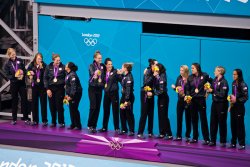 USA Women's Water Polo team celebrates gold in the medal ceremony (4)