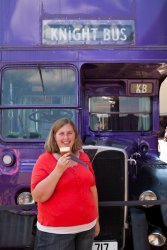 Bekki enjoys Butterbeer in front of the Knight Bus